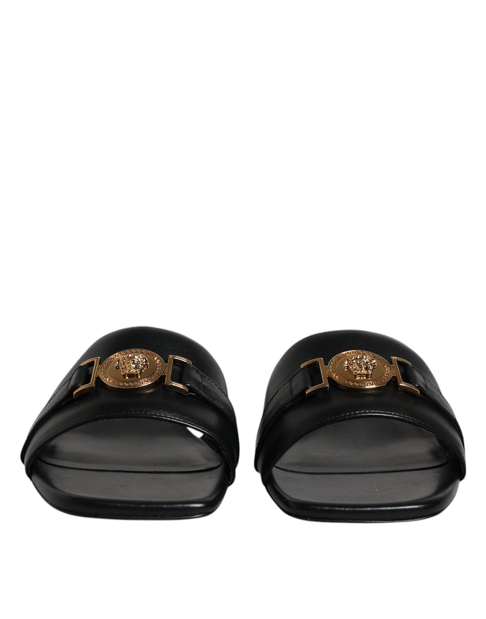 Thumbnail: Versace Black Leather Logo Plaque Slip On Slides Flats Shoes