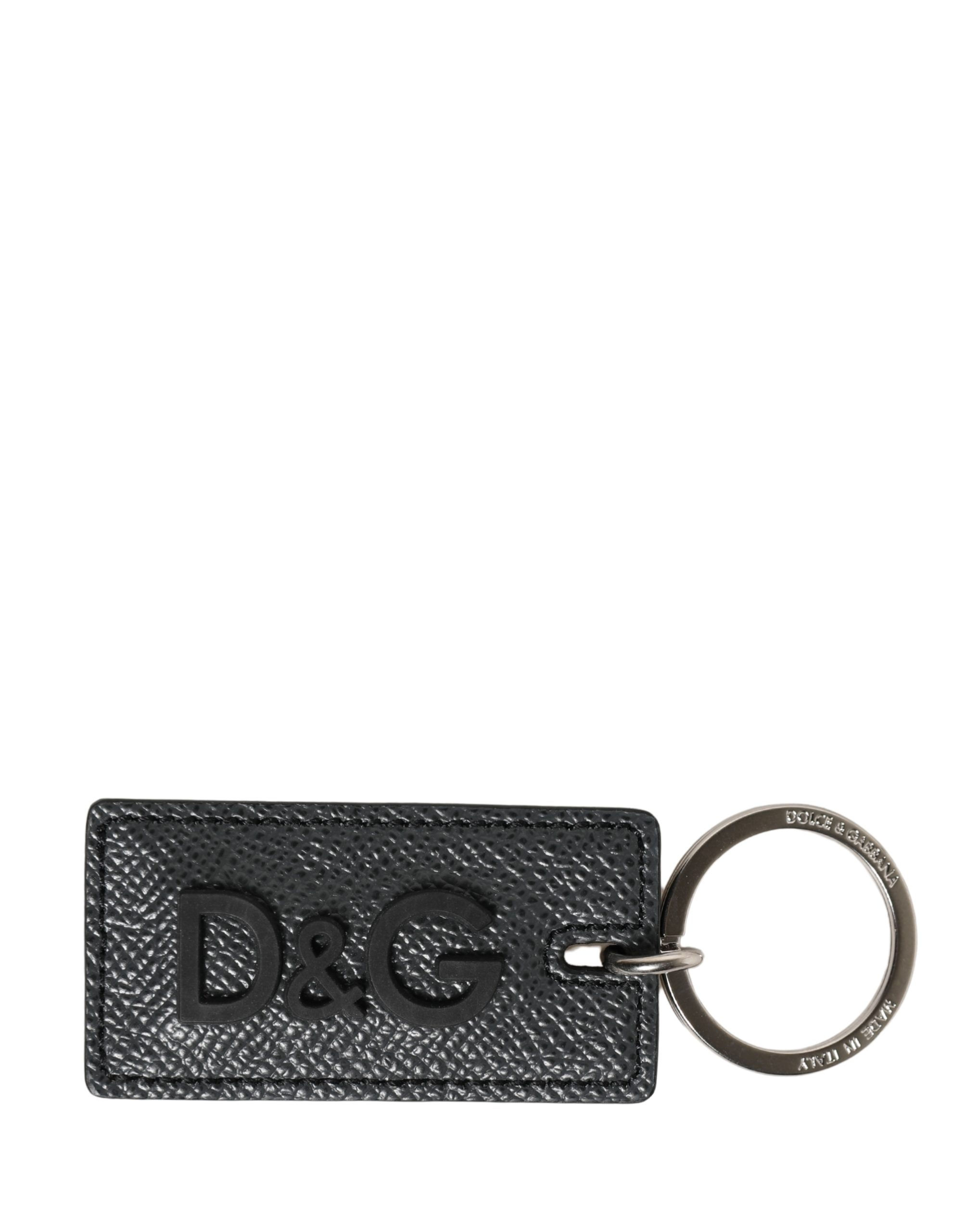 Dolce & Gabbana Black Calf Leather D&G Logo Metal Ring Keyring Keychain