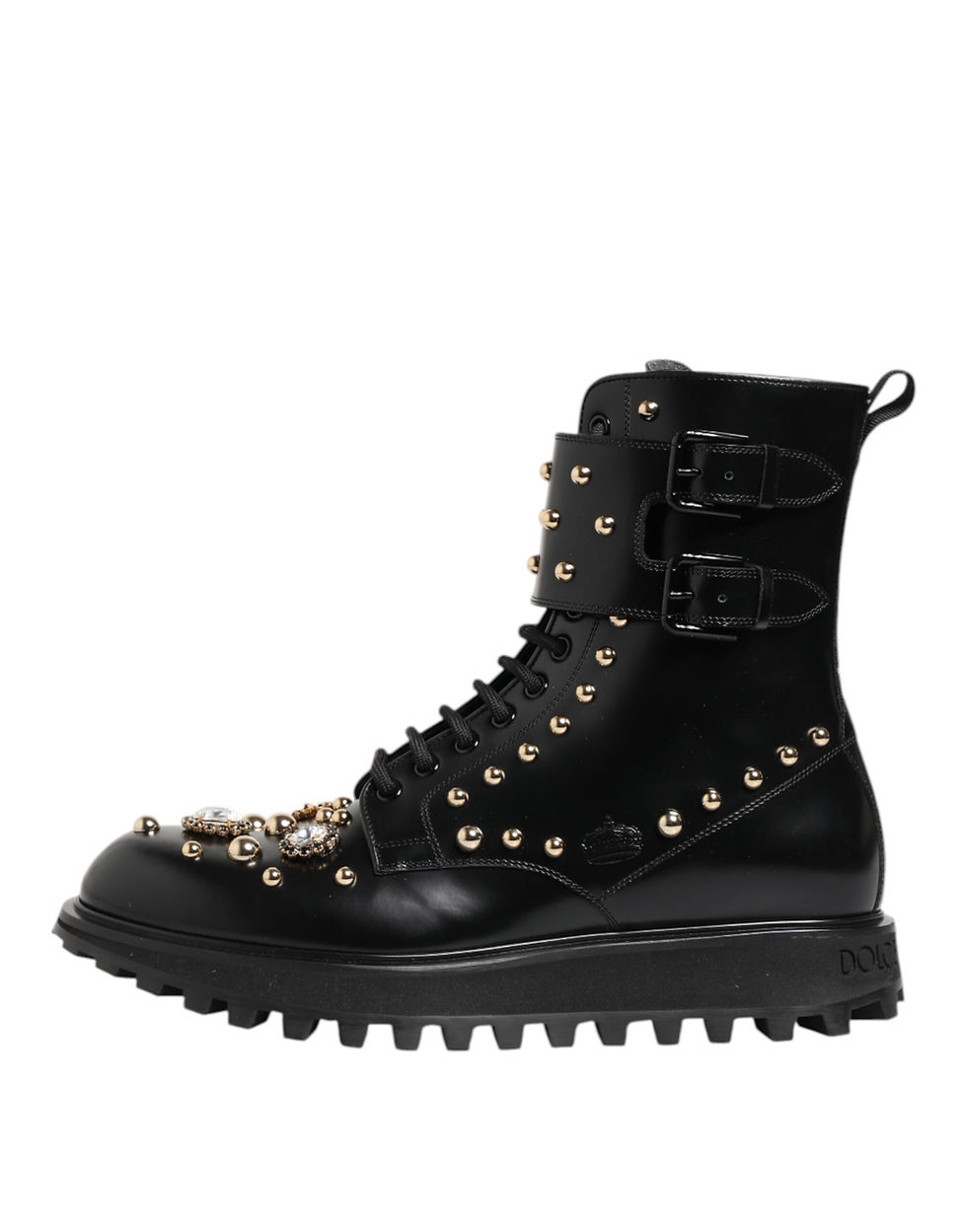 Thumbnail: Dolce & Gabbana Black Studded Lace Up Mid Calf Boots Shoes