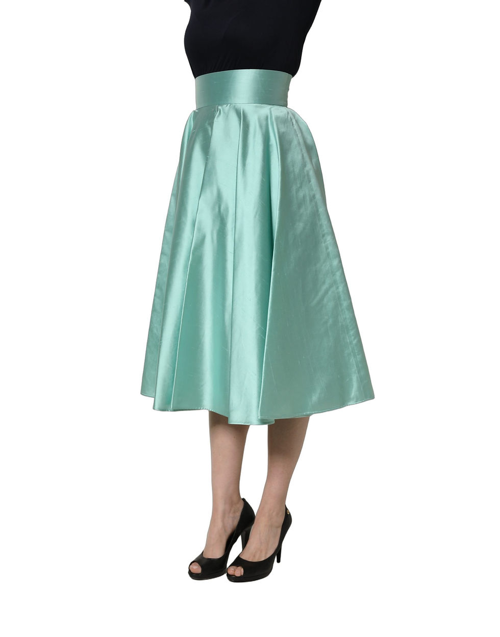 Thumbnail: Dolce & Gabbana Green Satin High-Waisted Pleated A-line Midi Skirt