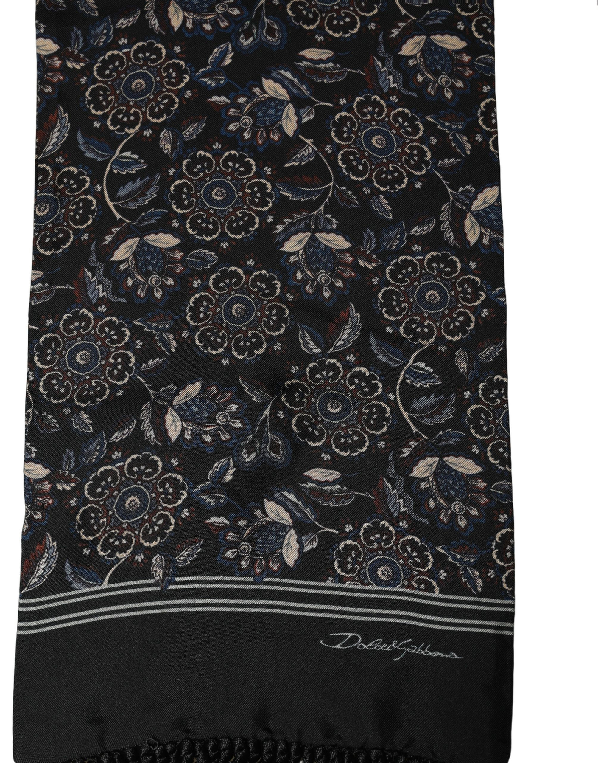 Dolce & Gabbana Black Silk Floral Paisley Fringed Shawl Scarf