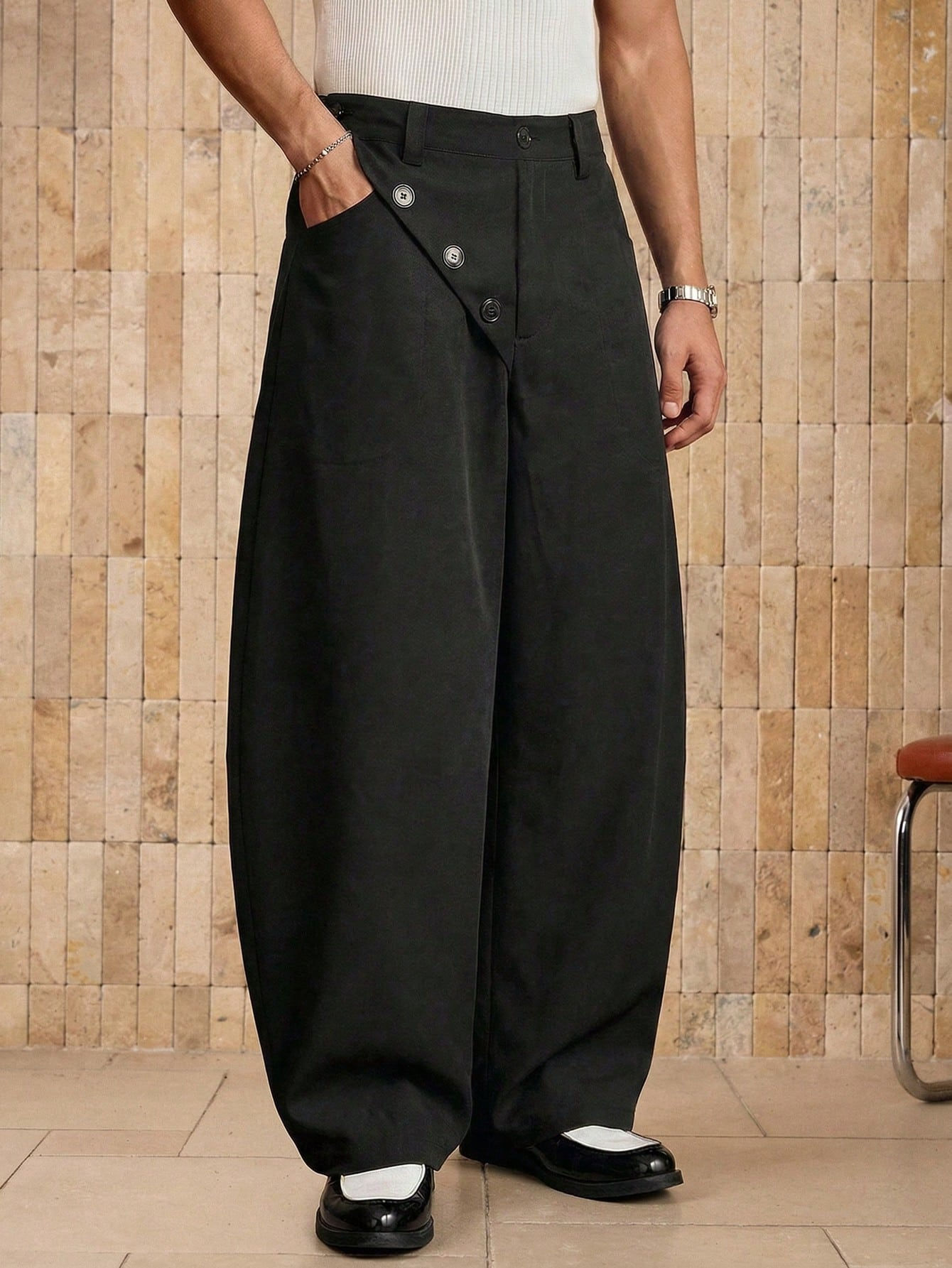 Grey Button Design Straight Leg Pants