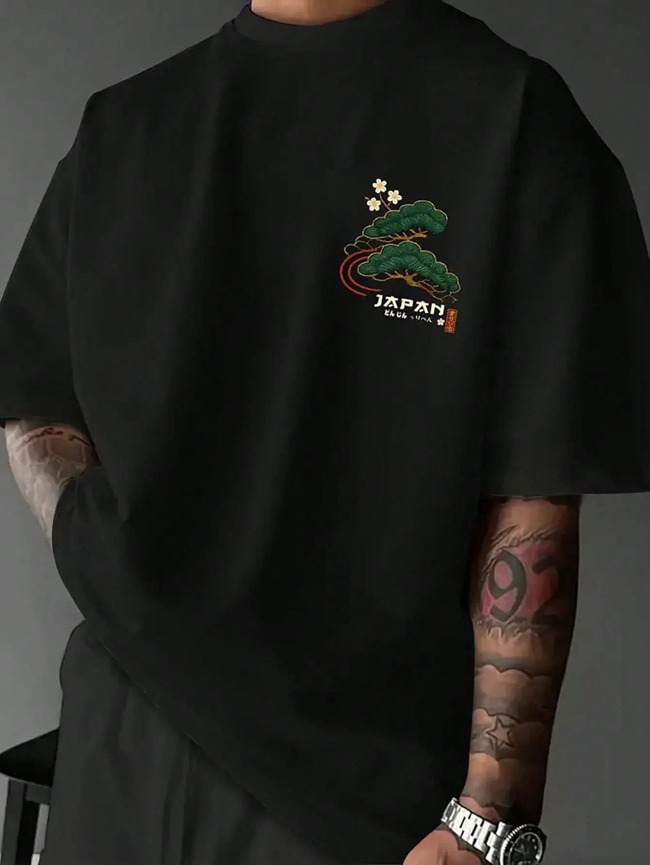 Black Japanese Crane Oversized T-Shirt