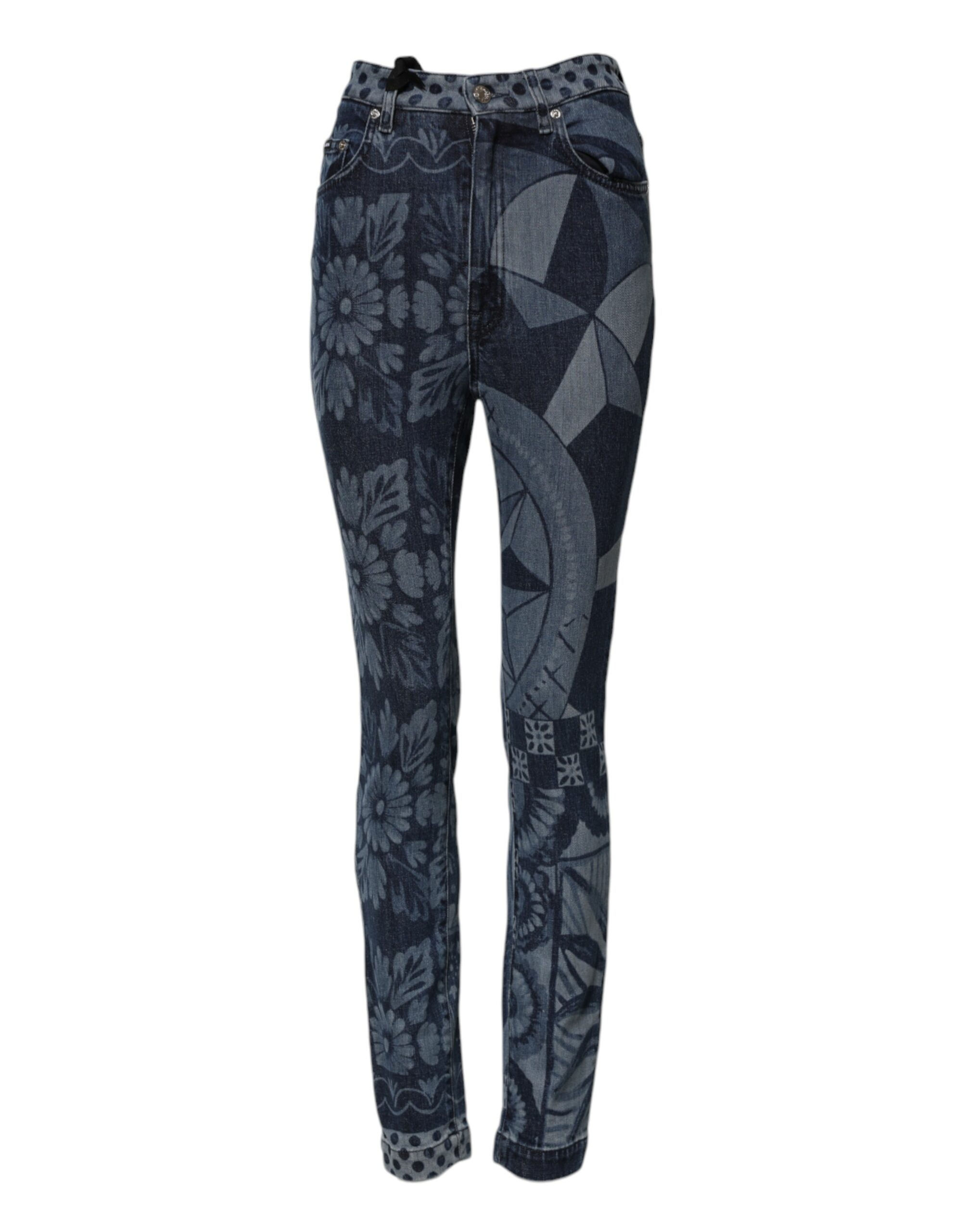 Dolce & Gabbana Blue Graphic Print Cotton Skinny Denim Jeans