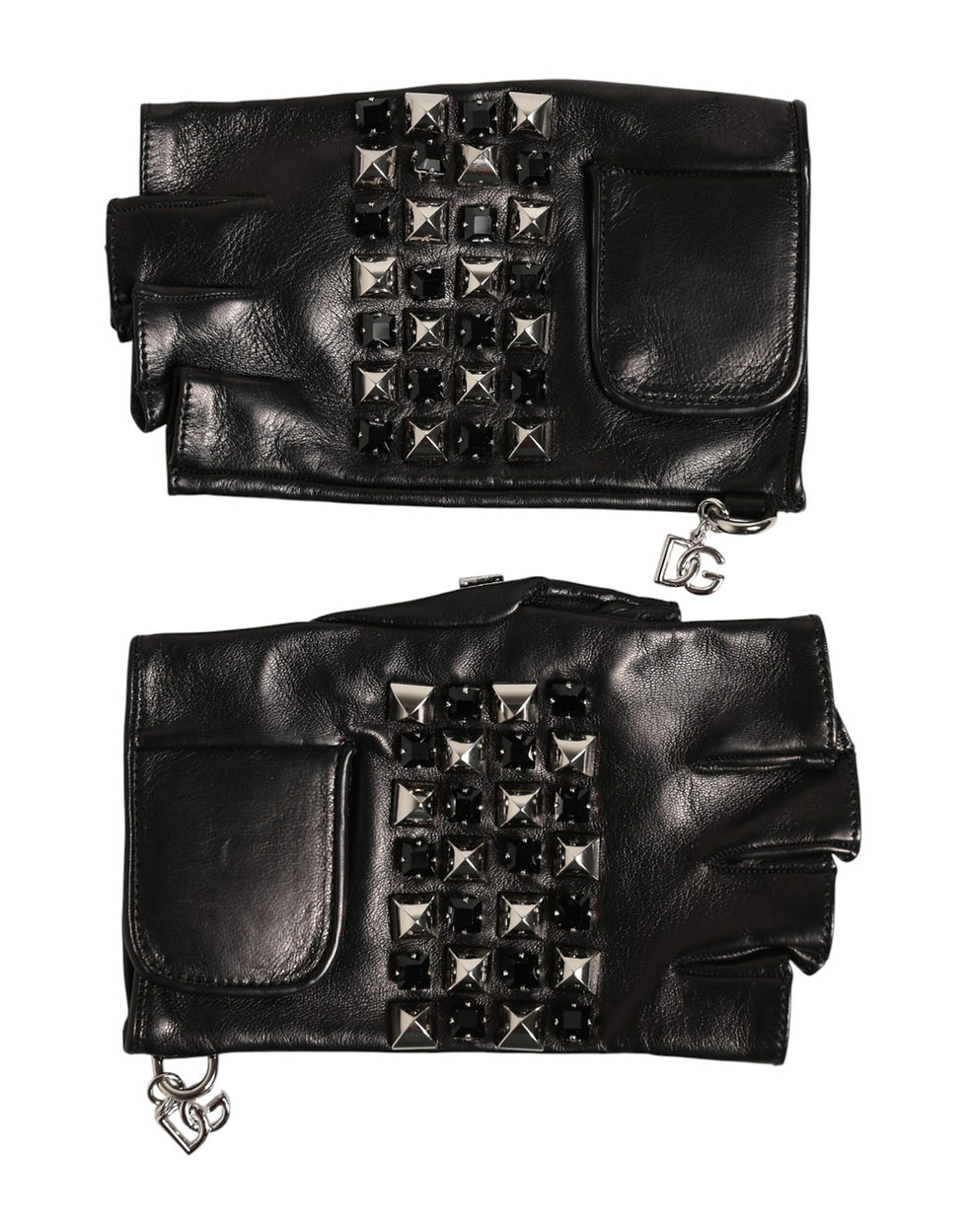 Thumbnail: Dolce & Gabbana Black Leather Studded Fingerless Hand Mitten Men Gloves