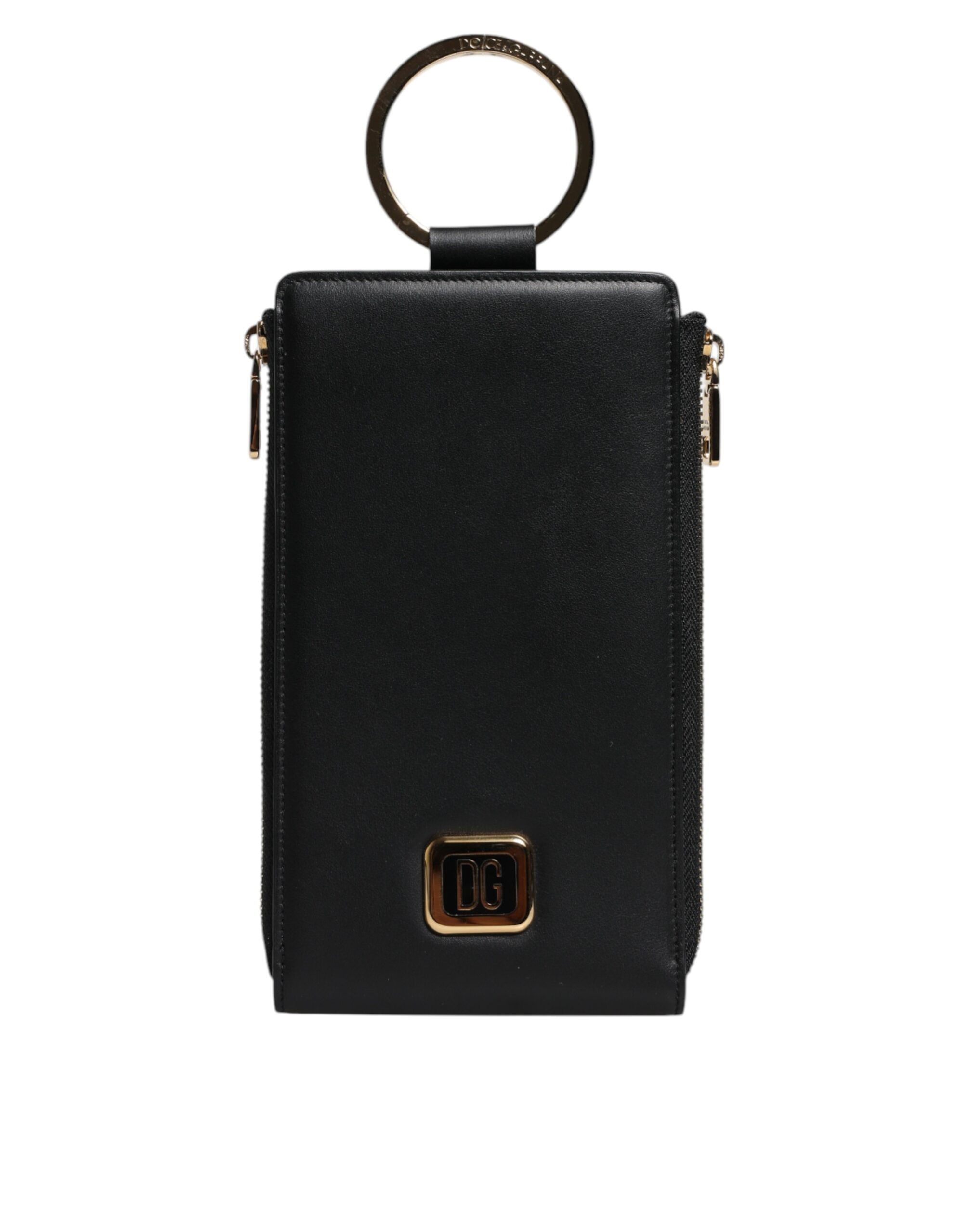 Dolce & Gabbana Black Leather Logo Plaque Neck Strap Card Coin Wallet