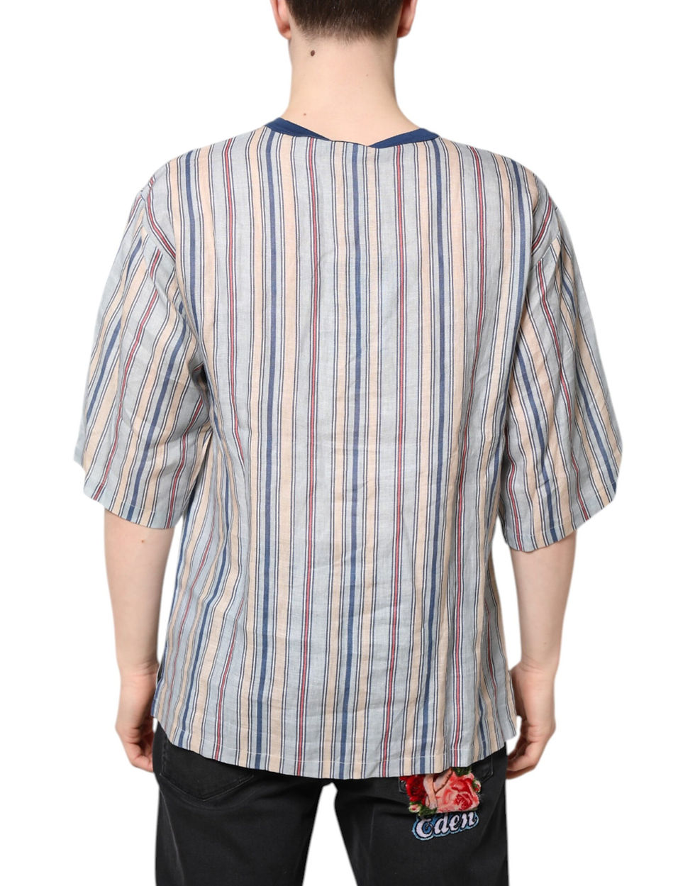Thumbnail: Dolce & Gabbana Multicolor Striped Pin Up Linen Round Neck T-shirt