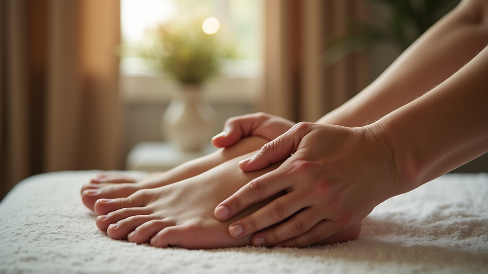 Close-up view of a person receiving reflexology treatment on their feet