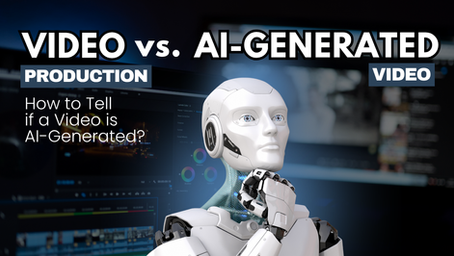Robot thinking in front of a computer screen, text reads: "VIDEO vs. AI-GENERATED," "How to Tell if a Video is AI-Generated?"