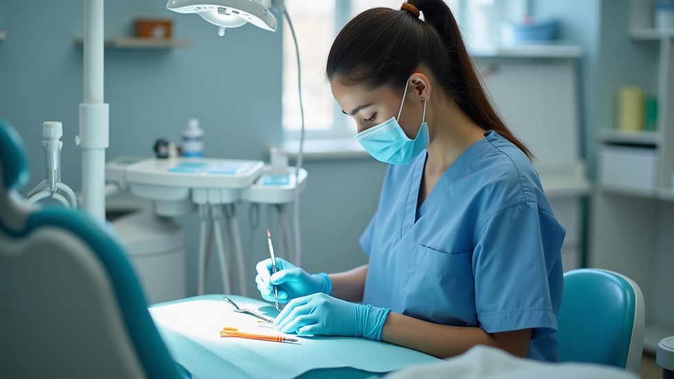 Eye-level view of a dental hygienist preparing tools