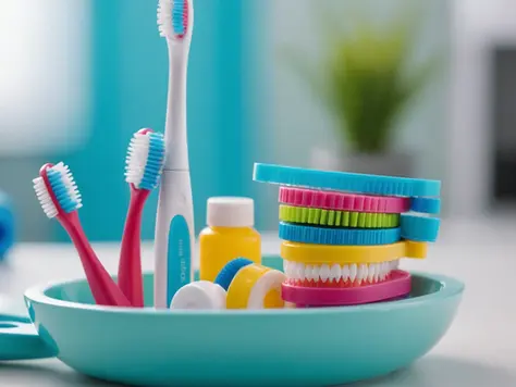 Close-up view of a toothbrush and orthodontic supplies for braces care