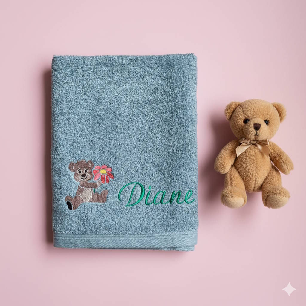 Drap de bain luxe vert, brodé avec un petit ourson tenant une fleur rose et le prénom "Diane" en lettres vertes.
