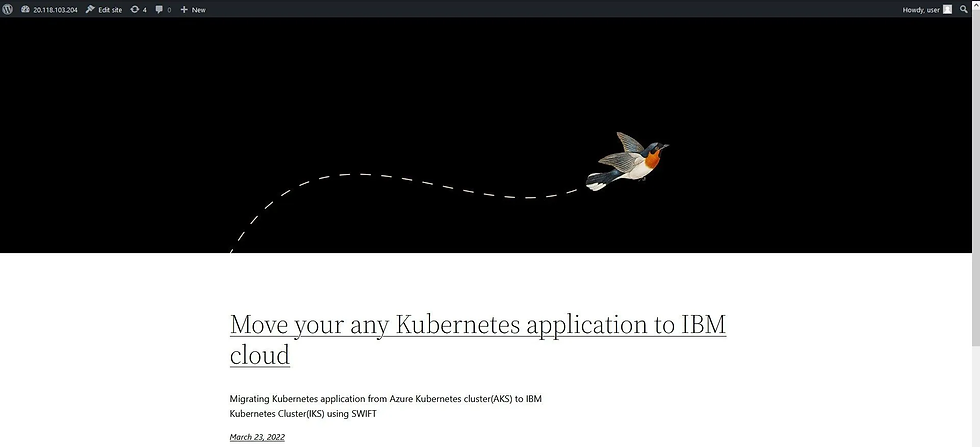 The WordPress site to be migrated to IBM IKS