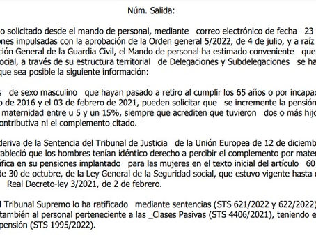 LA GUARDIA CIVIL SE PRONUNCIA (POR FIN) SOBRE EL COMPLEMENTO POR MATERNIDAD EN PENSIONES