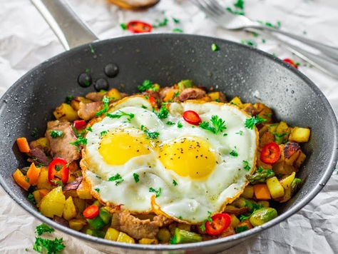 Asparagus Potato Hash with Steak and Eggs