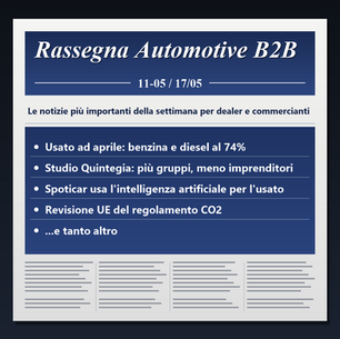 Locandina in stile prima pagina di giornale: Rassegna Automotive B2B, settimana 11-17 maggio 2026, con usato ad aprile, studio Quintegia e intelligenza artificiale per l'usato