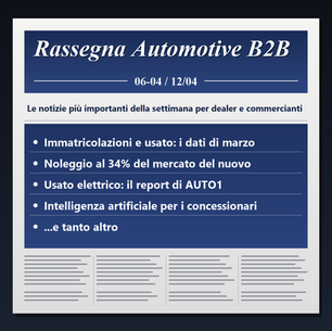 Locandina in stile prima pagina di giornale: Rassegna Automotive B2B, settimana 6-12 aprile 2026, con immatricolazioni e usato di marzo, noleggio e usato elettrico