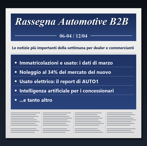 Locandina in stile prima pagina di giornale: Rassegna Automotive B2B, settimana 6-12 aprile 2026, con immatricolazioni e usato di marzo, noleggio e usato elettrico