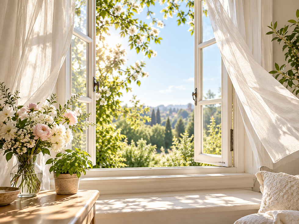 OPen window with flowing curtains and fresh greenery, symbolizing renewal and welcoming fresh energy into the home