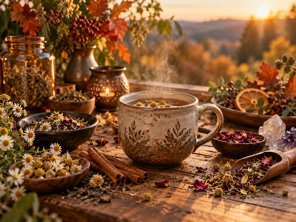 Steaming cup of herbal tea surrounded by dried flowers and botanicals, representing intention and a fresh start for the new month.