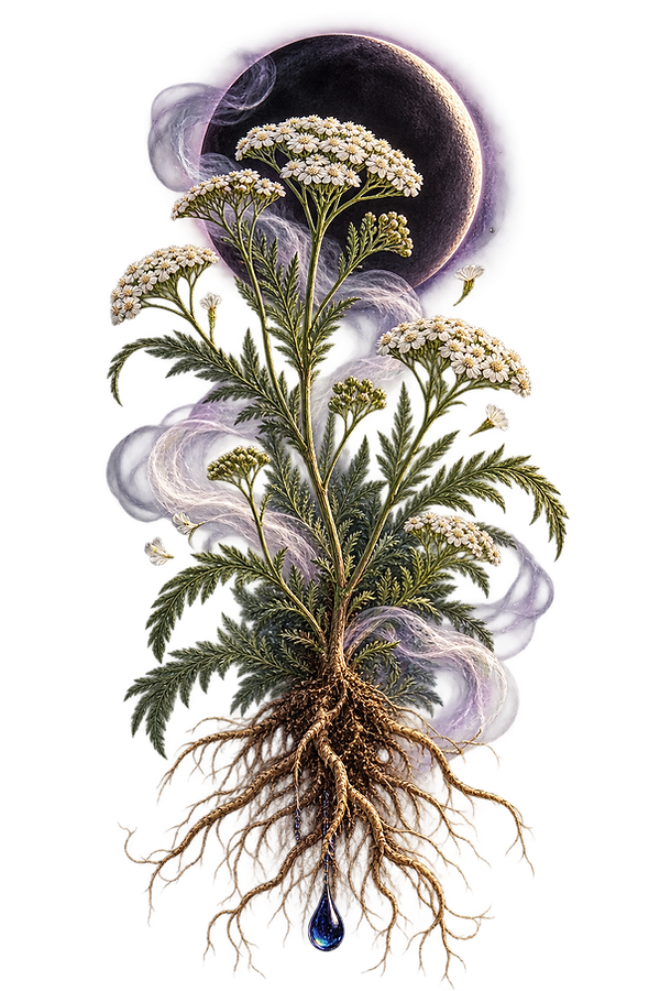 Yarrow plant with visable roots beneath a dark new moon and a drop of blue yarrow oil