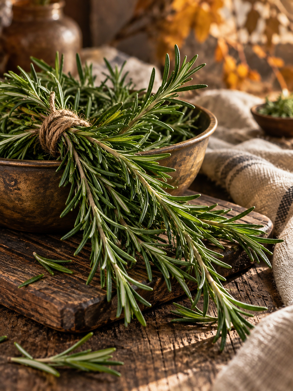 Fresh rosemary sprigs tied with twine beside an antique brass bowl on a rustic wooden table in warm autumn light