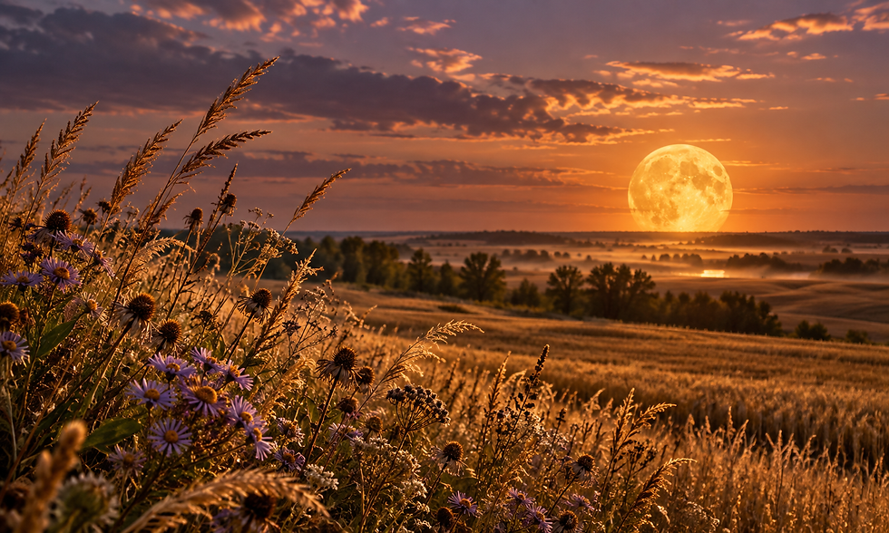 Golden Harvest Moon rising over the autumn prairie with amber fields, purple wildflowers, golden grasses and a dramatic sunset sky