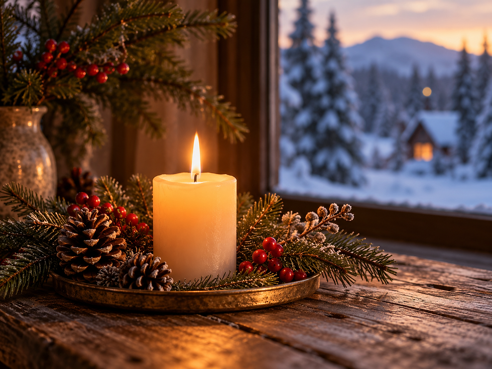 Lit candle surrounded by evergreen branches and berries beside a snowy window, symbolizing reflection and new beginnings for the month ahead.