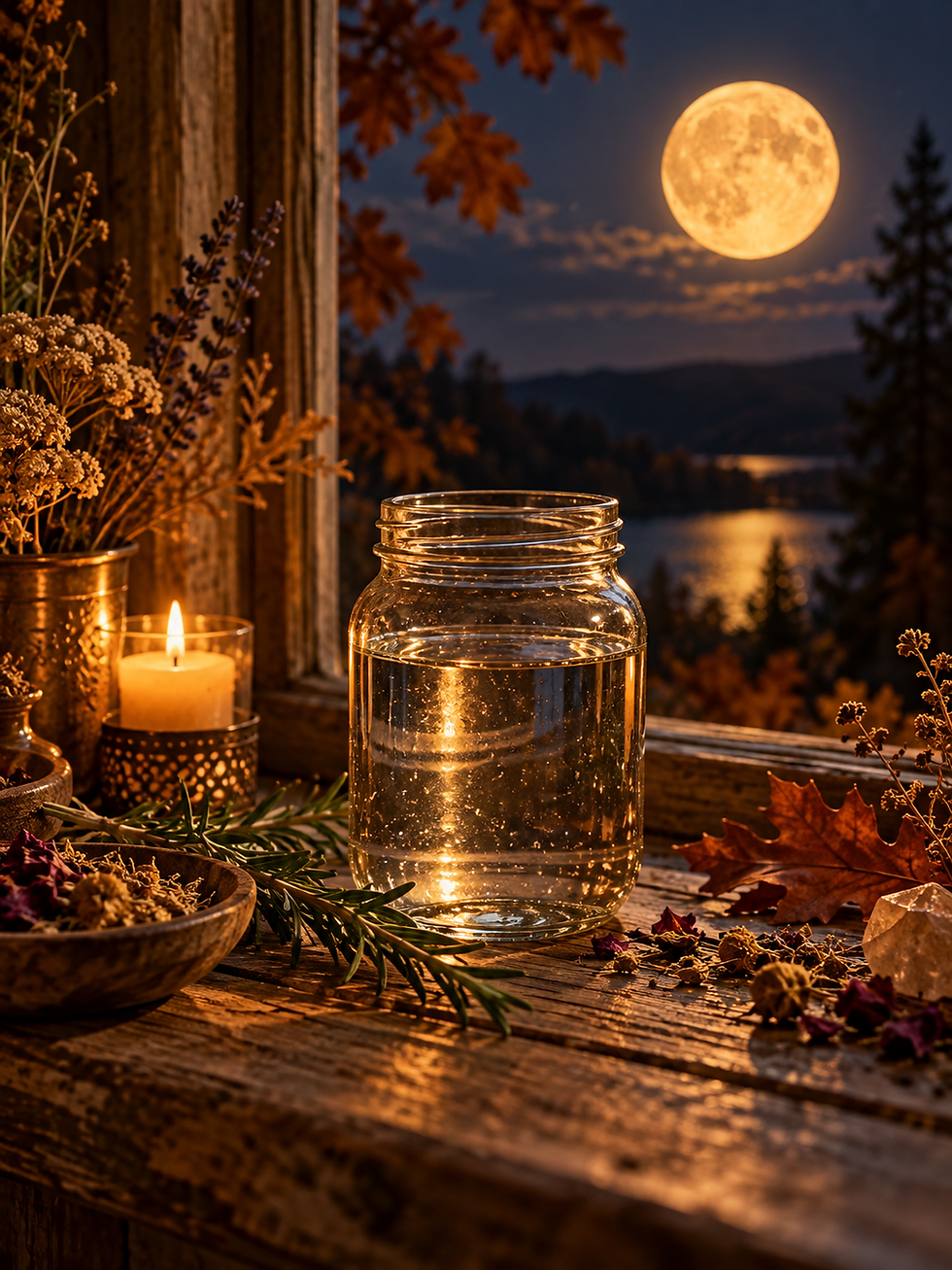 Glass jar of moon water on a rustic wooden windowsill, surrounded by autumn botanicals and warm candlelight beneath a glowing Harvest Moon