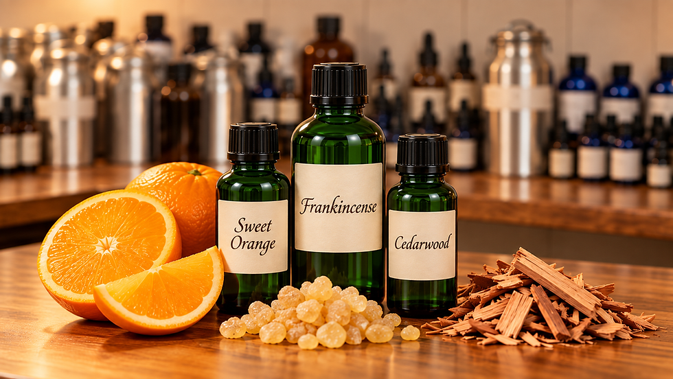 Three essential oil bottles and blending materials arranged on a clean wooden workbench, with glass beaker, formulation notebook, and toold illustrating the process of botanical oil blending