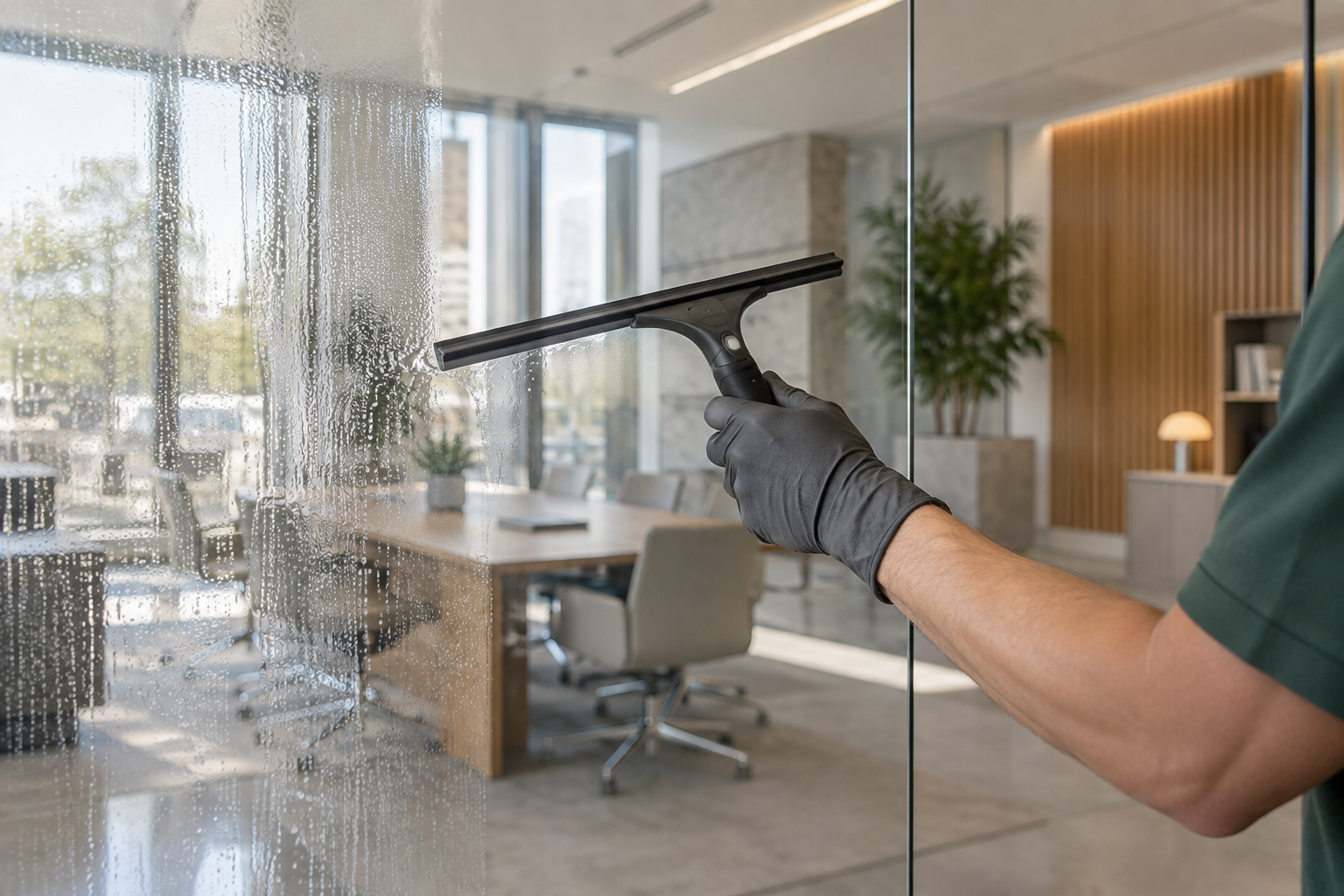 KI-generierte symbolische Detailaufnahme einer professionellen Glasreinigung im Büro