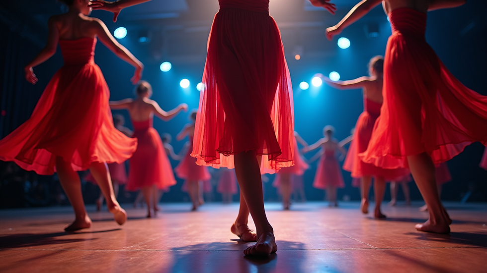 Eye-level view of a vibrant dance performance at the Estelle Performing Arts Showcase