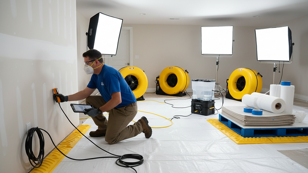 Eye-level view of a restoration technician inspecting water damage in a residential basement