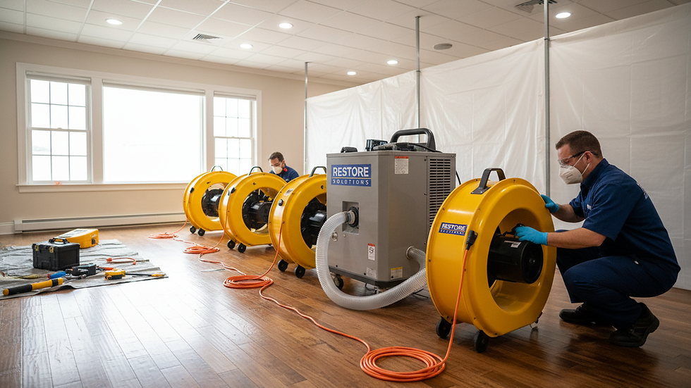 Close-up view of restoration equipment drying a water-damaged floor