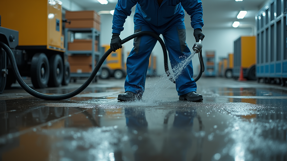 High angle view of professional water damage restoration equipment in use