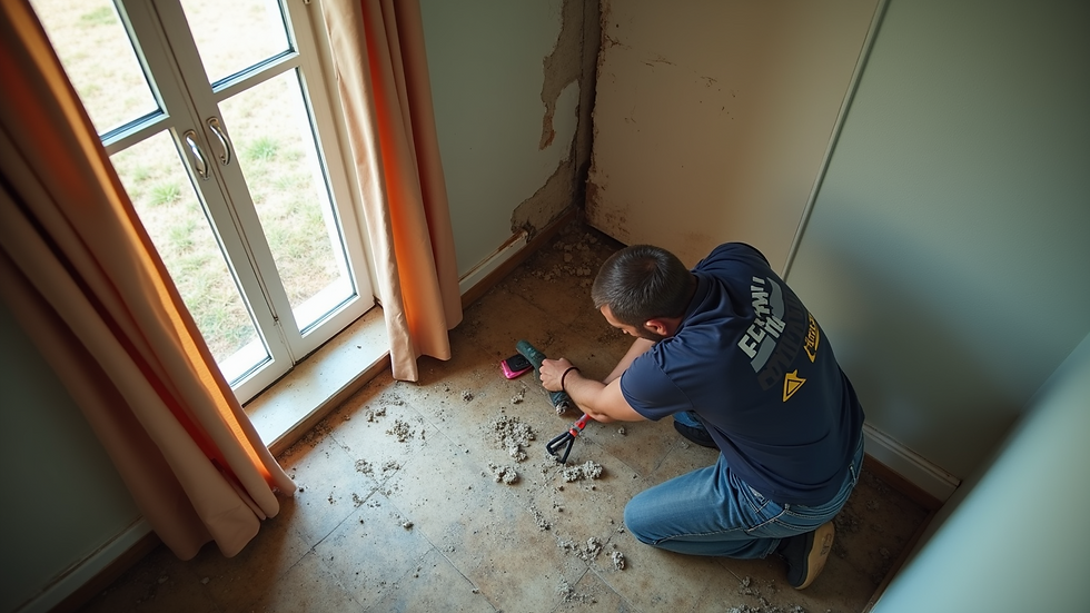 High angle view of restoration technician inspecting water damage in a home