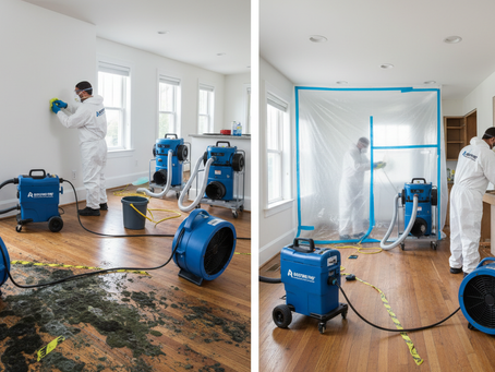 mold remediation technicians in full ppe performing mold removal under containment