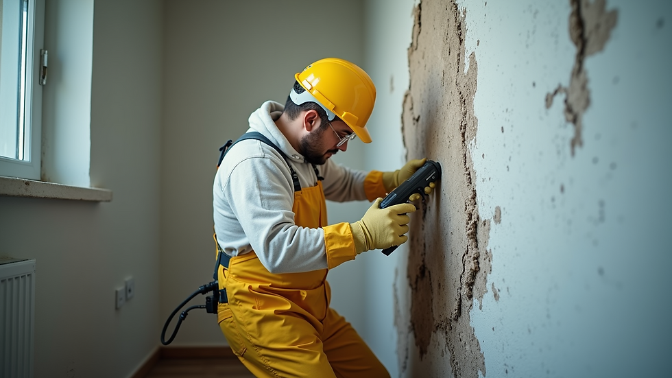 Eye-level view of a professional mold remediation technician inspecting a wall