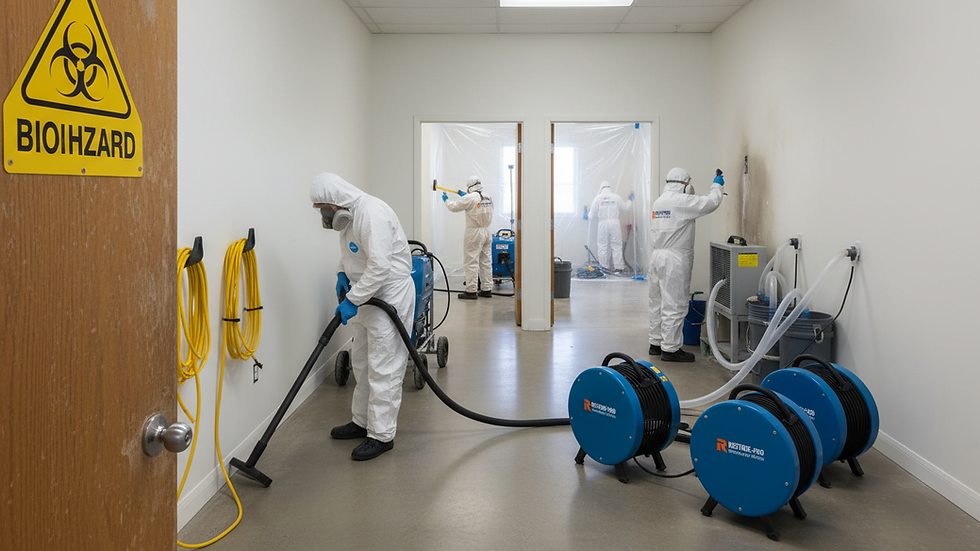 Close-up view of biohazard warning sign on a door of a contaminated property