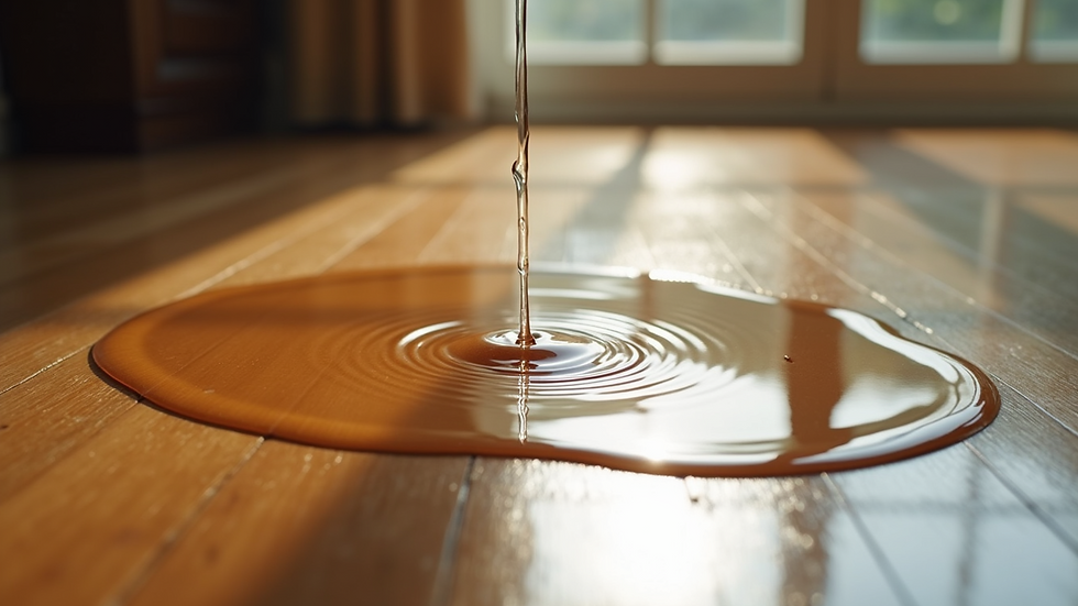 Close-up view of water pooling on a hardwood floor