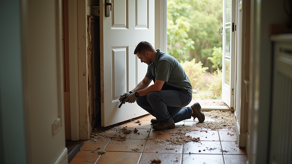 High angle view of a technician inspecting water damage in a home
