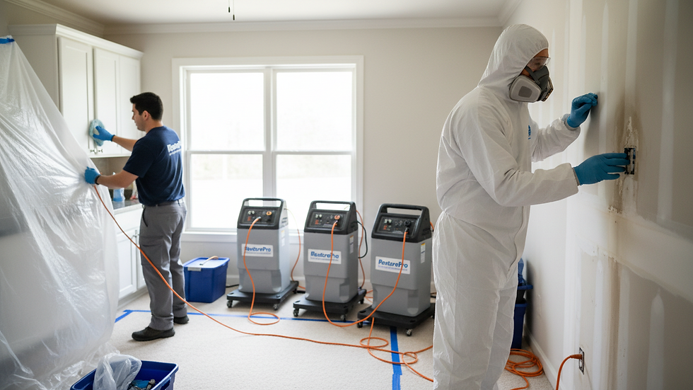 Eye-level view of a professional mold inspector examining a wall