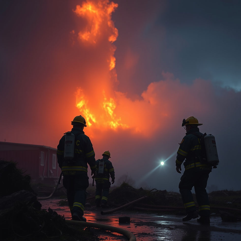 Firefighters in gear walk toward massive flames and thick smoke in dark outdoor setting, illuminated by orange and blue hues.