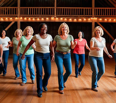 A group of 15 women, aged 40-55, line dancing in a rustic barn. The women vary in body wei