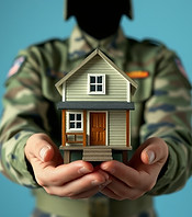 someone in an army uniform holding a tiny house, zoom in on body with no face showing___.j