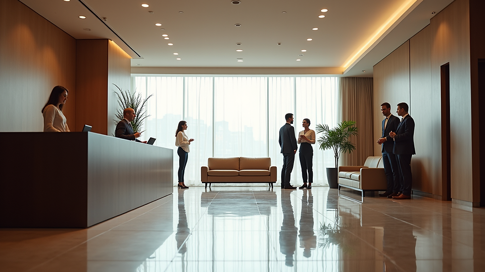 Eye-level view of a modern hotel reception area with staff attending to guests