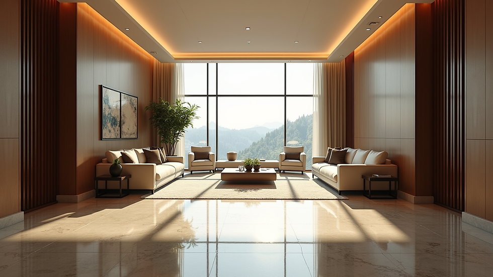 Eye-level view of a modern hotel lobby with elegant furnishings