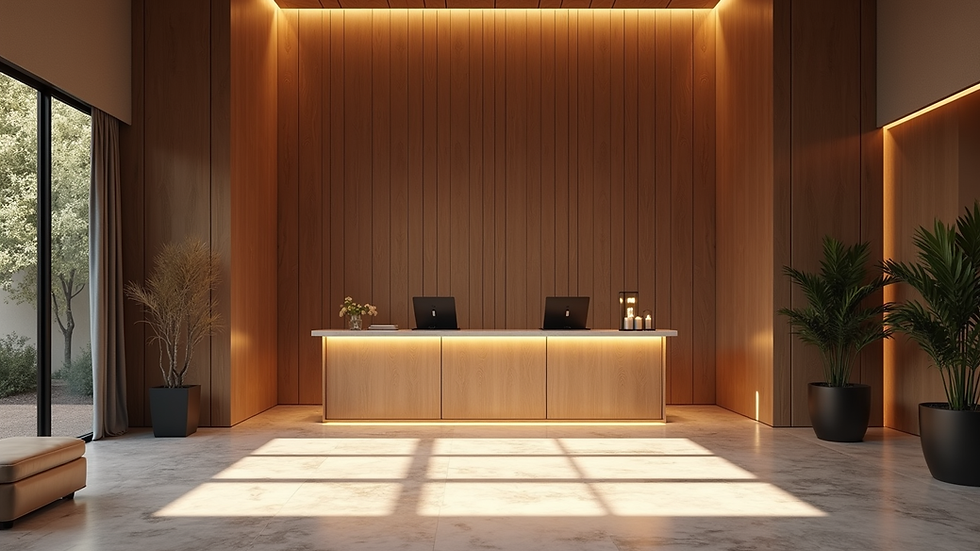Eye-level view of a luxury lodge reception area with modern decor