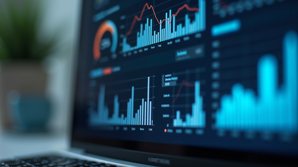 Close-up view of a computer screen showing AI-powered ad analytics dashboard