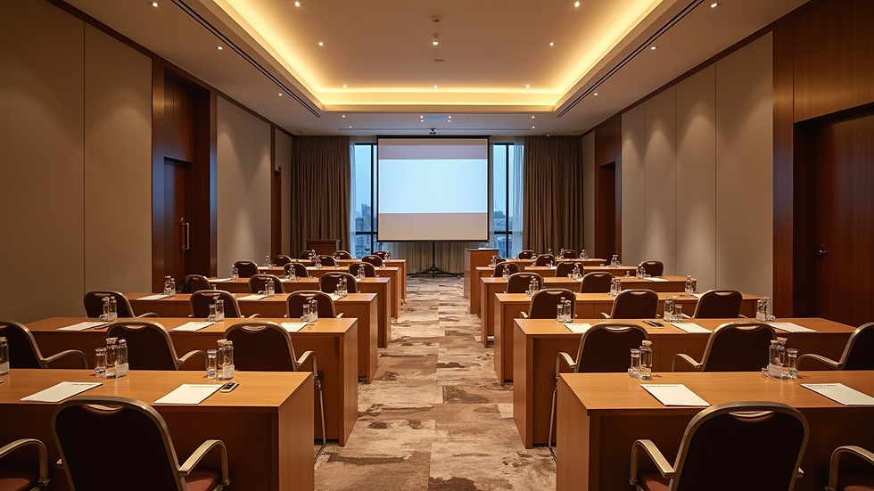 High angle view of a hotel conference room set up for an event